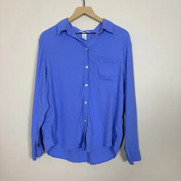 H&M Linen Blend Button Down Shirt Size M Blue Coastal Basic - Picture 2 of 7